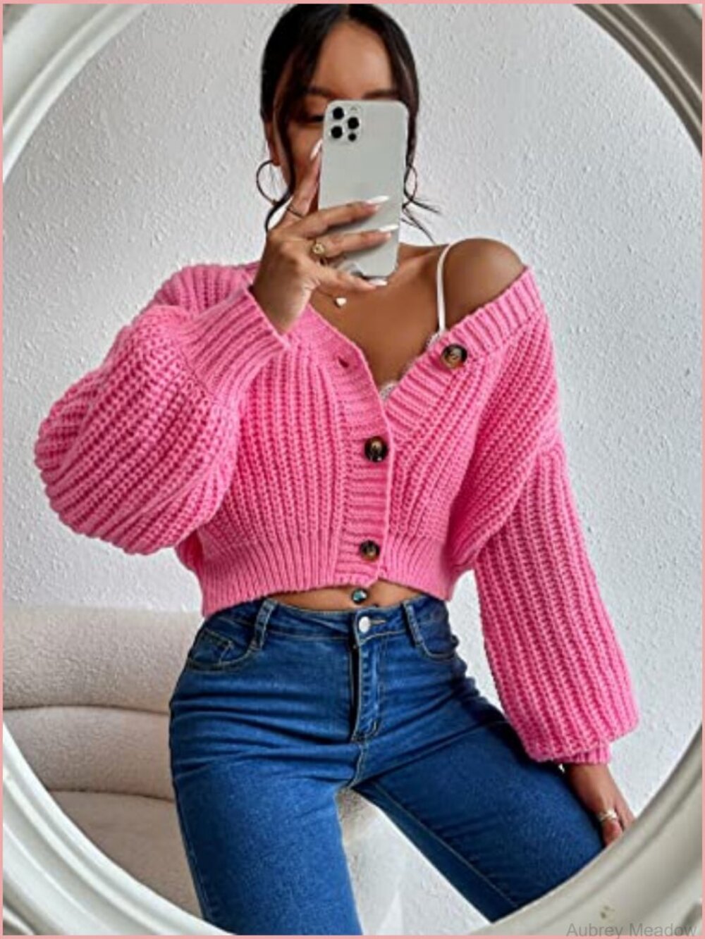 Chunky Crop Cardigan Sweater Button Up Cable Knit Lantern Sleeve - Picture 4 of 7